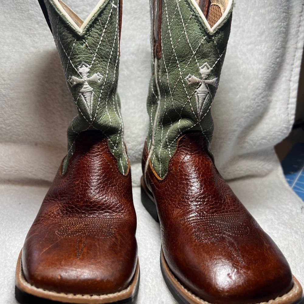 Twisted X Brown & Green Cross Leather Cowboy Boots-Pull on-Embroidered- - Picture 4 of 12